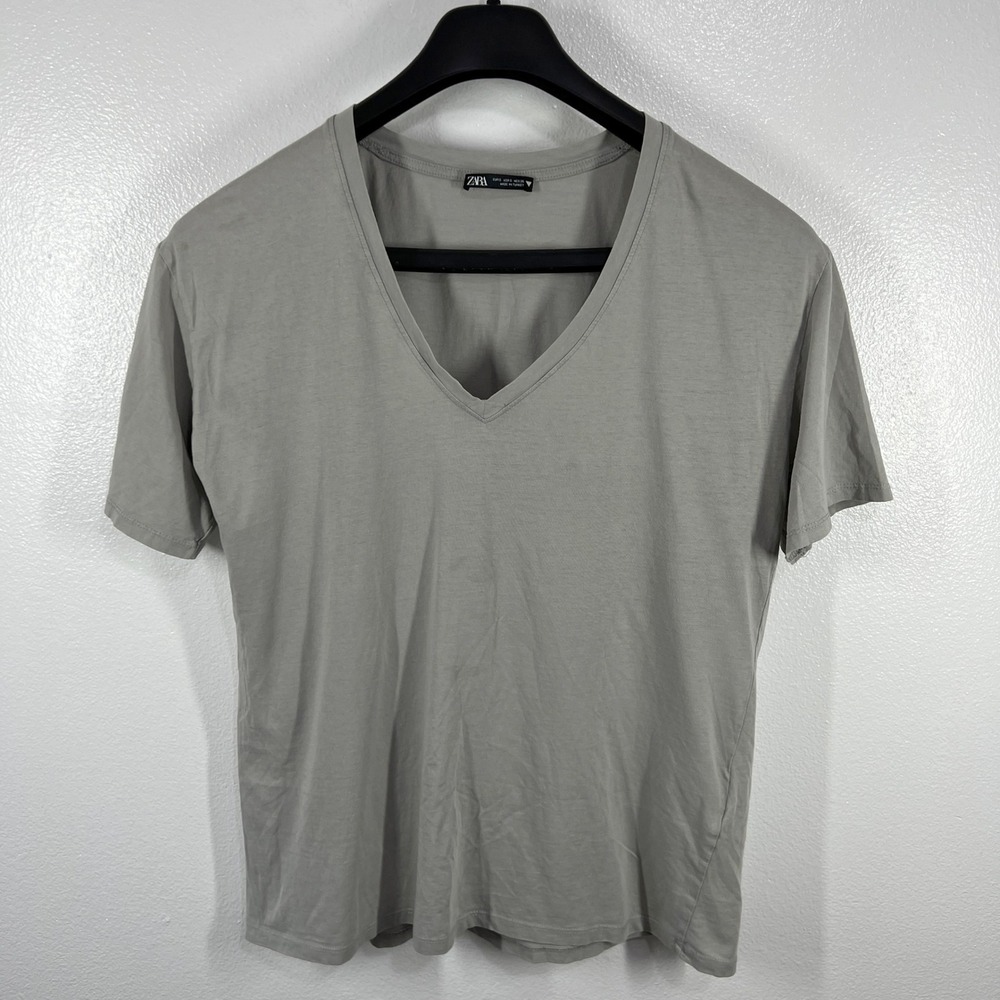 Zara V-Neck T-Shirt Soft Cotton Casual Everyday Tee Top Gray Mensโ Size Small